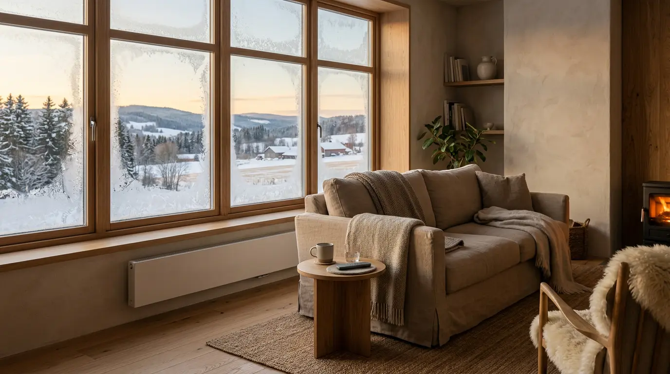 Salon chaleureux d'une maison de campagne avec vue extérieure hivernale et système de chauffage moderne