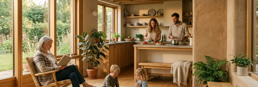 Intérieur d'une maison moderne avec des matériaux naturels et une famille détendue dans un environnement sain et lumineux