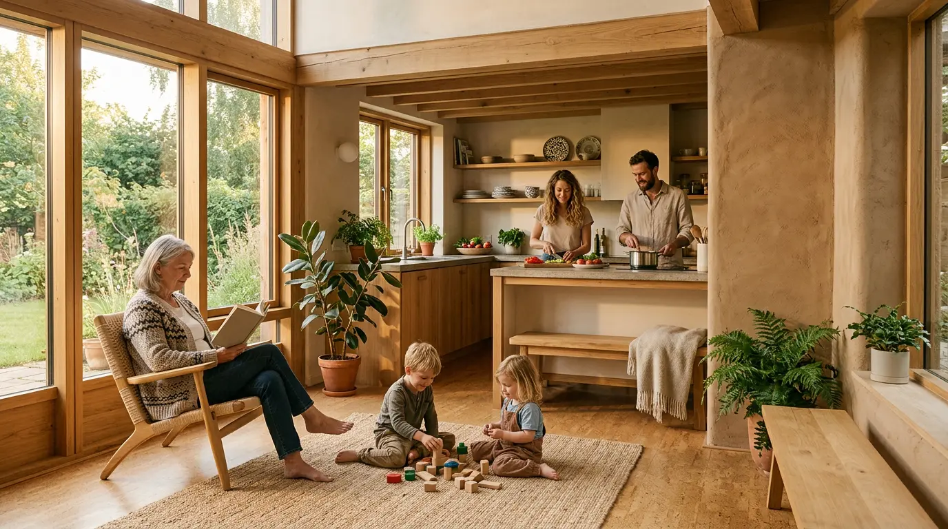 Intérieur d'une maison moderne avec des matériaux naturels et une famille détendue dans un environnement sain et lumineux