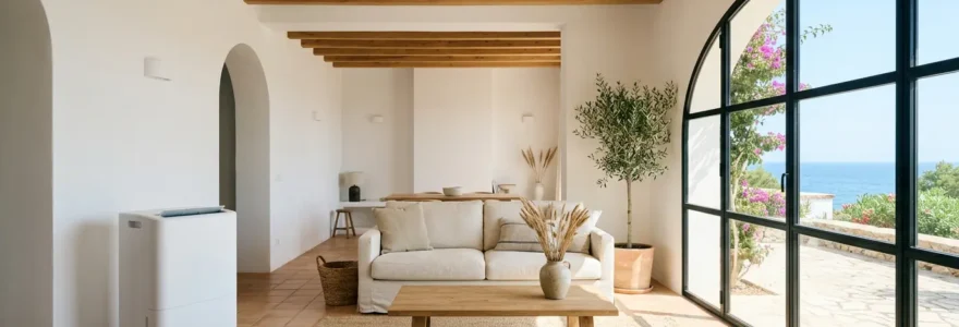 Salon ensoleillé avec déshumidificateur moderne près d'une grande fenêtre dans une maison de vacances