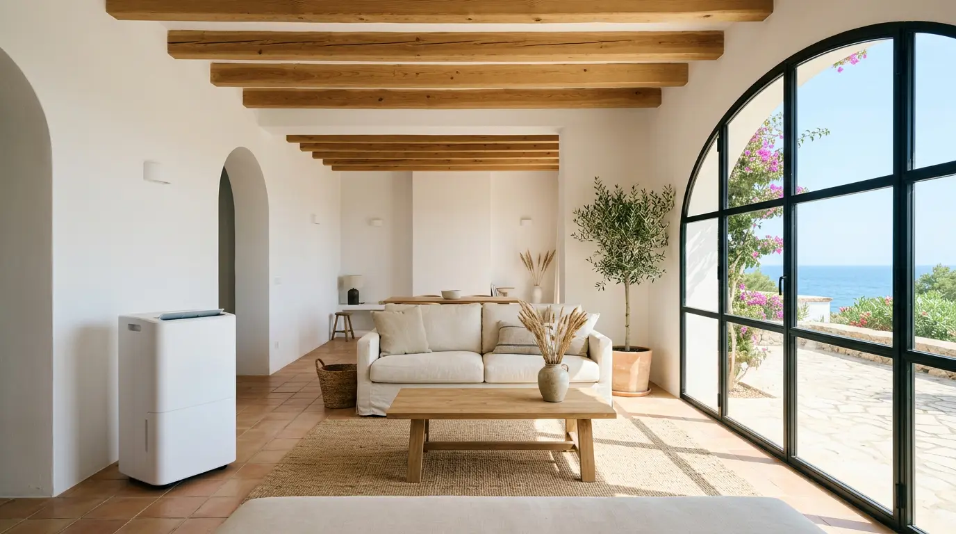 Salon ensoleillé avec déshumidificateur moderne près d'une grande fenêtre dans une maison de vacances