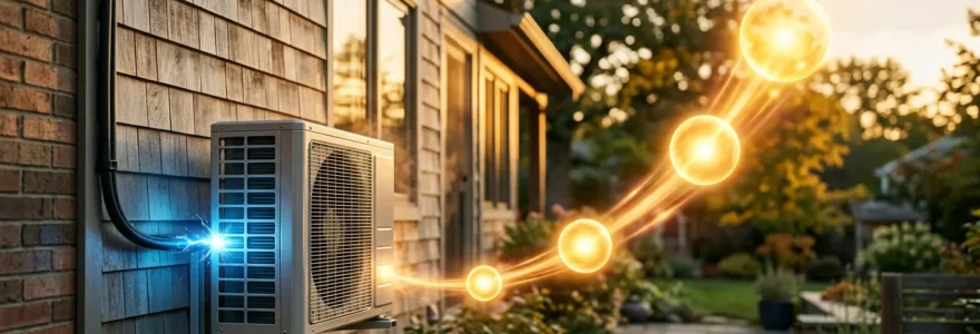 Installation de pompe à chaleur moderne sur façade maison avec unité extérieure et chiffres lumineux symbolisant le rendement 4 pour 1