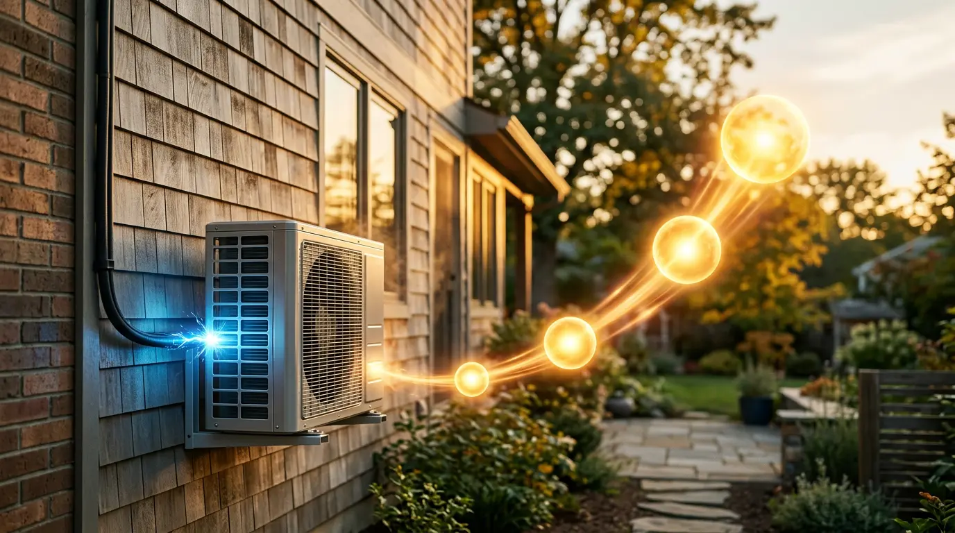 Installation de pompe à chaleur moderne sur façade maison avec unité extérieure et chiffres lumineux symbolisant le rendement 4 pour 1