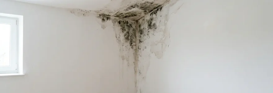 Vue rapprochée d'un angle de plafond avec traces de moisissures noires dues à un pont thermique