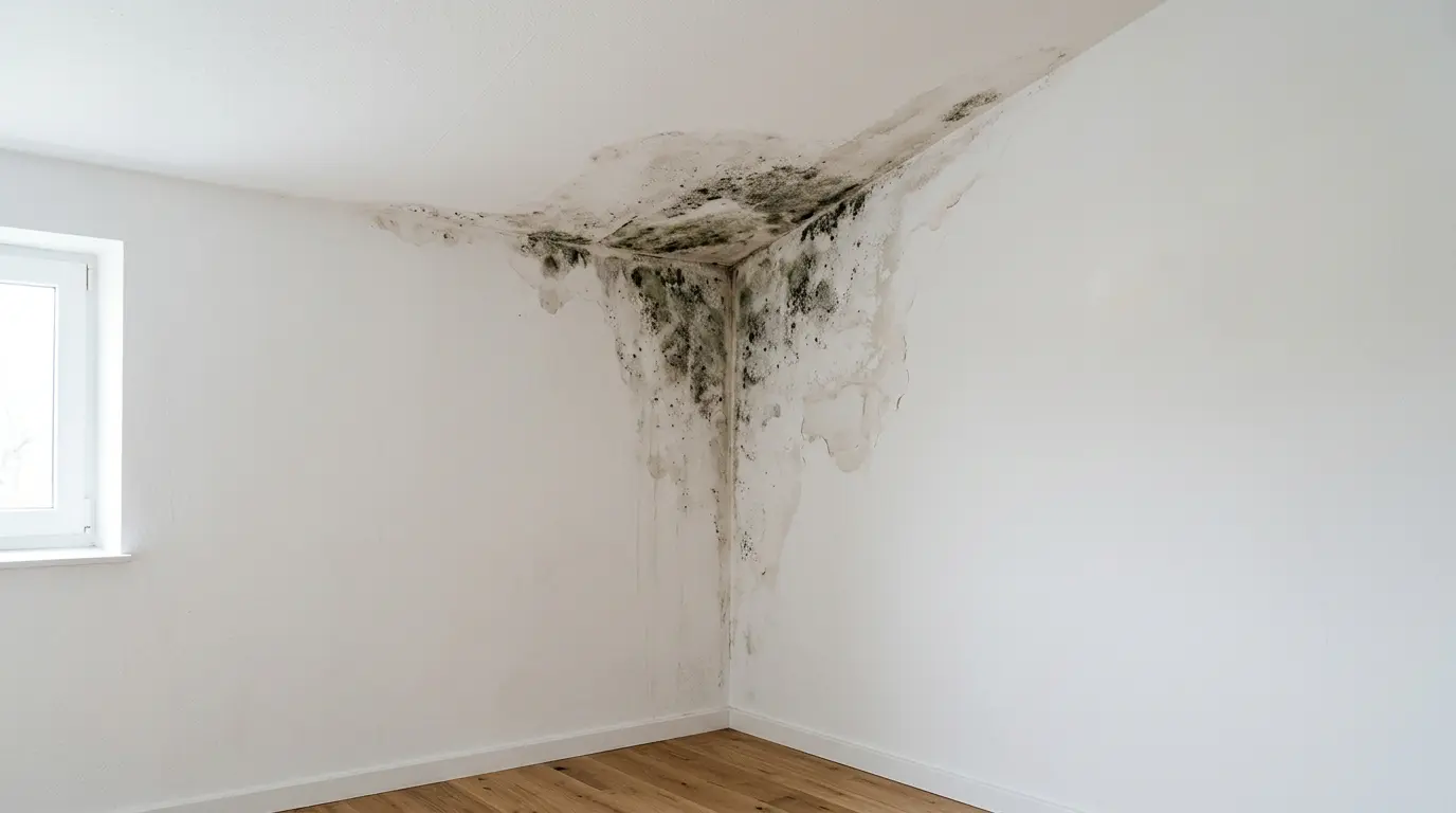 Vue rapprochée d'un angle de plafond avec traces de moisissures noires dues à un pont thermique