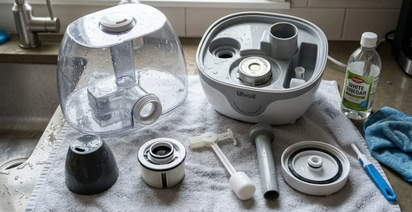 Gros plan sur les composants démontés d'un humidificateur pendant le nettoyage