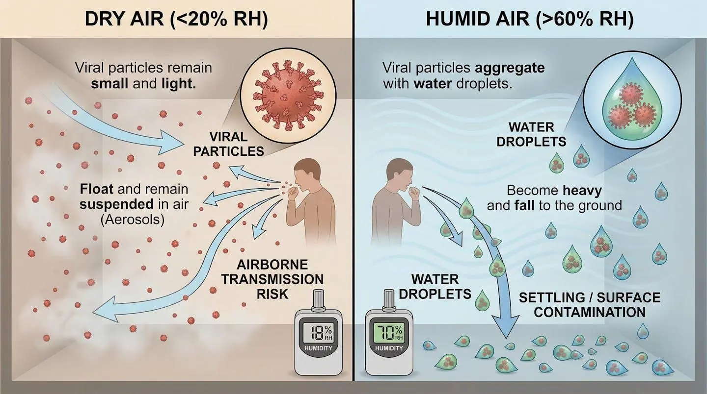 Comparaison visuelle de la suspension de particules virales dans un air sec où elles flottent et un air humide où elles tombent au sol.
