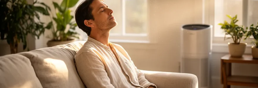 Personne respirant calmement dans un intérieur lumineux avec système de filtration moderne