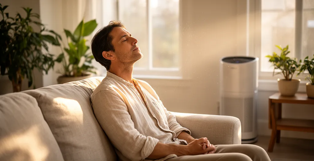 Personne respirant calmement dans un intérieur lumineux avec système de filtration moderne