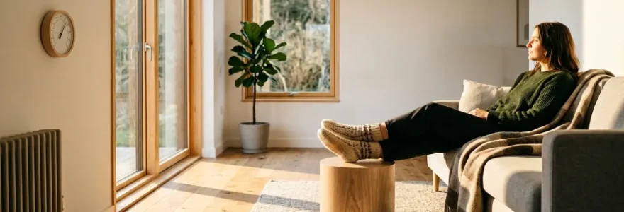 Vue intérieure d'un salon chaleureux avec thermomètre affichant 22°C et personne en chaussettes épaisses