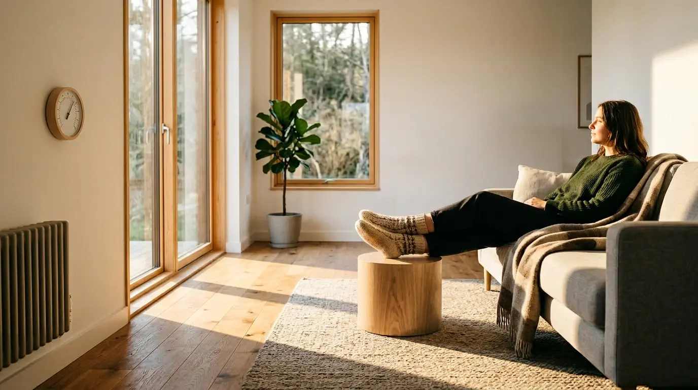 Vue intérieure d'un salon chaleureux avec thermomètre affichant 22°C et personne en chaussettes épaisses