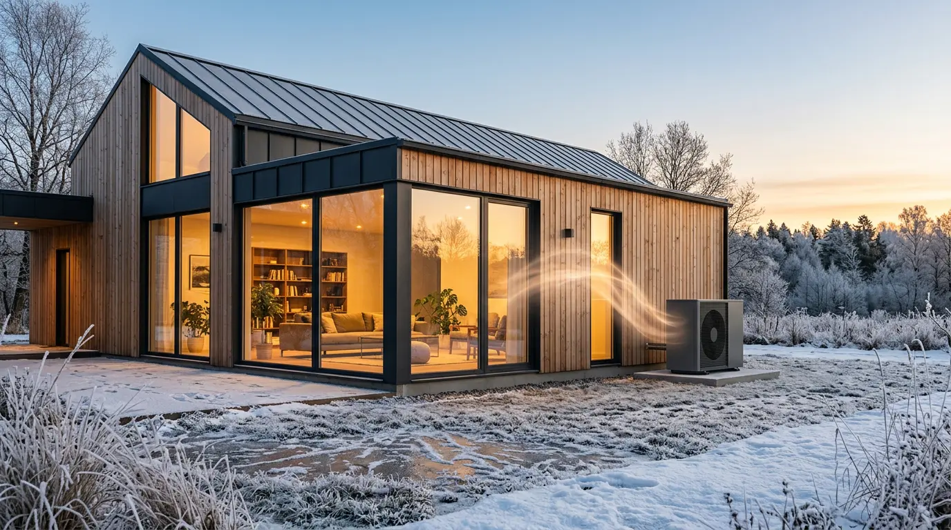 Vue d'une maison moderne avec pompe à chaleur et visualisation des économies d'énergie