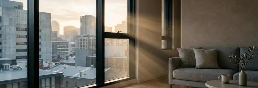 Vue intérieure d'un appartement en ville montrant une protection contre la pollution de l'air extérieur