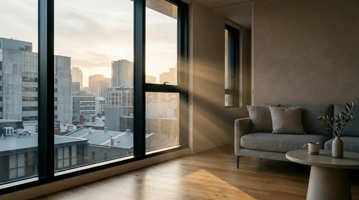 Vue intérieure d'un appartement en ville montrant une protection contre la pollution de l'air extérieur