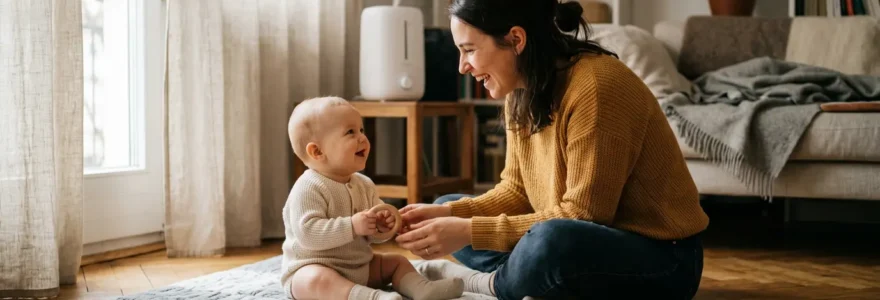 Mère et bébé dans un salon chaleureux en hiver avec parquet en bois et humidificateur