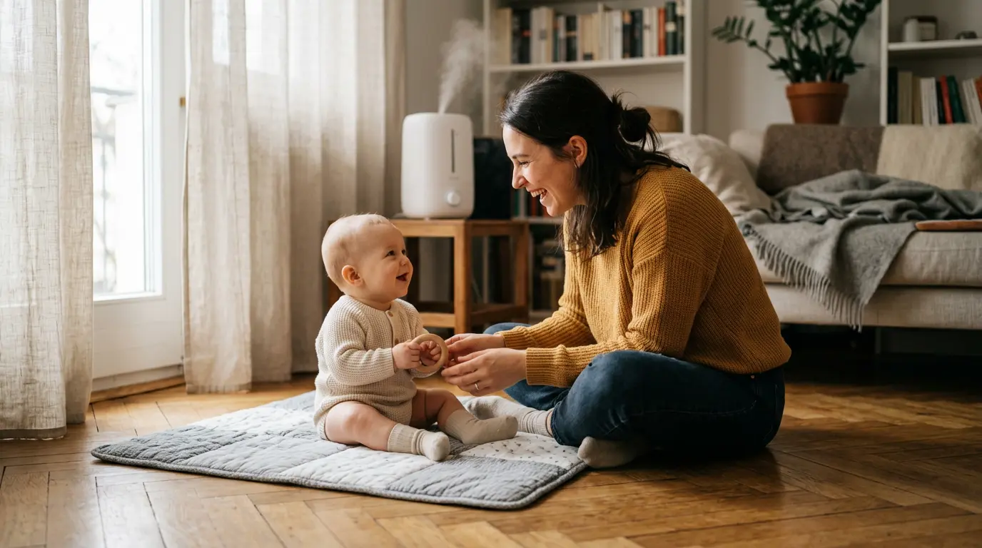 Mère et bébé dans un salon chaleureux en hiver avec parquet en bois et humidificateur