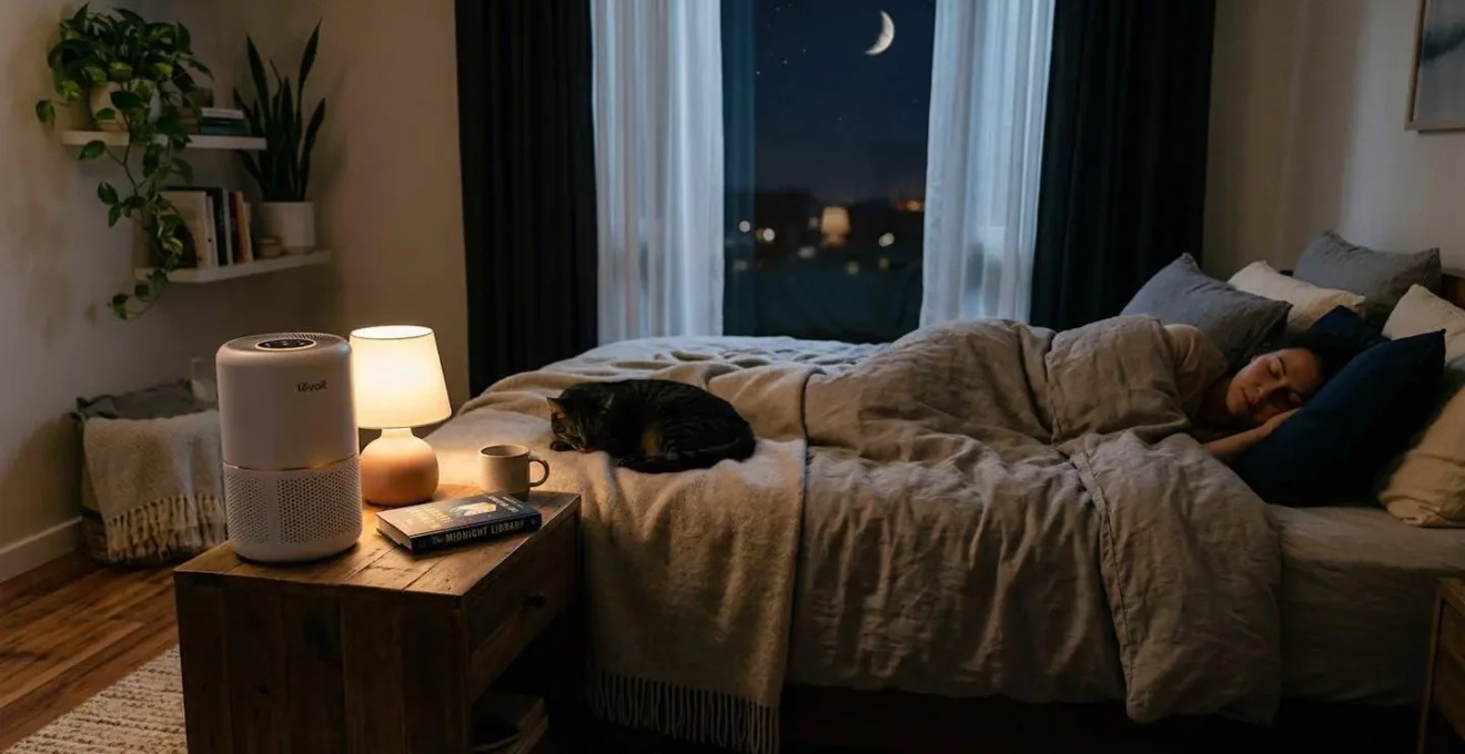 Chambre paisible avec purificateur d'air silencieux en mode nuit