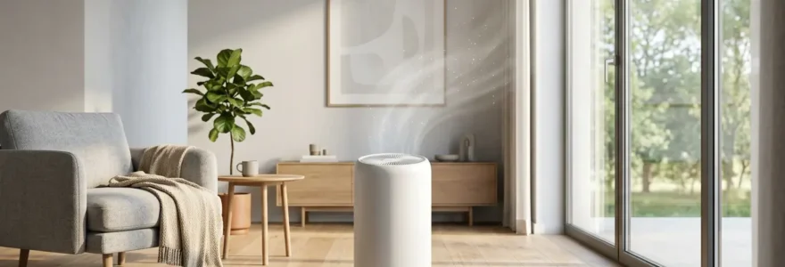 Purificateur d'air haut de gamme dans un salon moderne, éclairé par une lumière naturelle douce, montrant les flux d'air purifiés