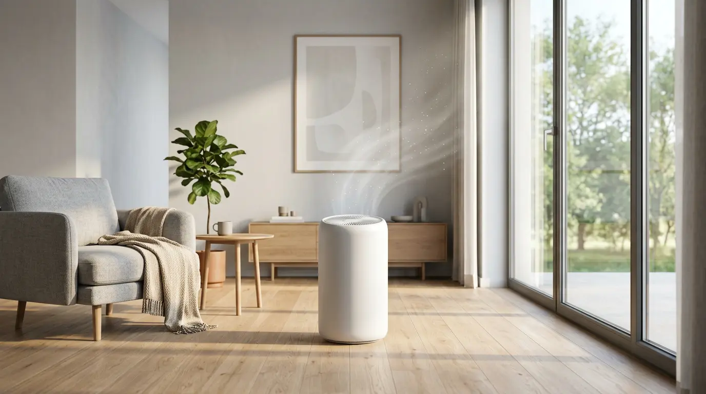 Purificateur d'air haut de gamme dans un salon moderne, éclairé par une lumière naturelle douce, montrant les flux d'air purifiés