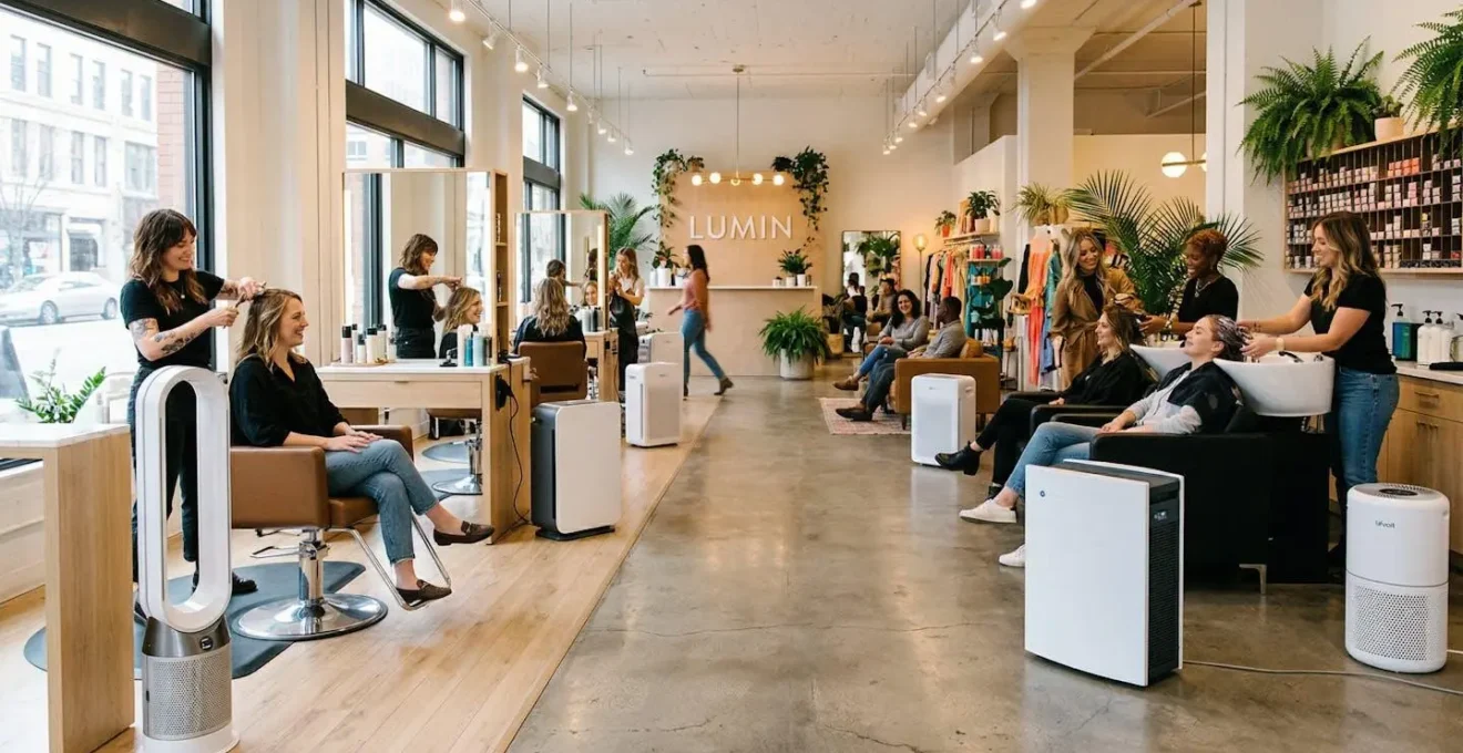Salon ouvert avec placement stratégique de purificateurs d'air