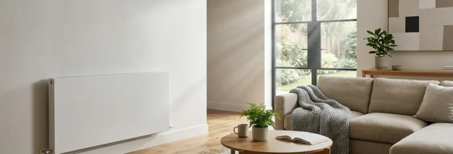 Salon moderne avec radiateur à chaleur douce et ambiance chaleureuse