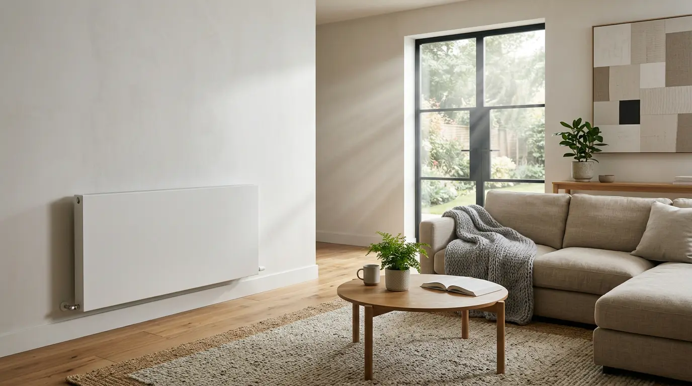 Salon moderne avec radiateur à chaleur douce et ambiance chaleureuse