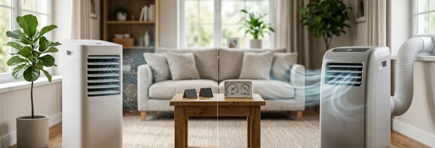 Comparaison visuelle entre un rafraîchisseur d'air économique et un climatiseur mobile dans un intérieur moderne