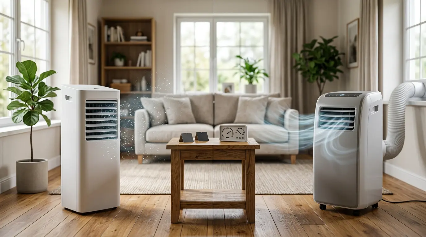Comparaison visuelle entre un rafraîchisseur d'air économique et un climatiseur mobile dans un intérieur moderne