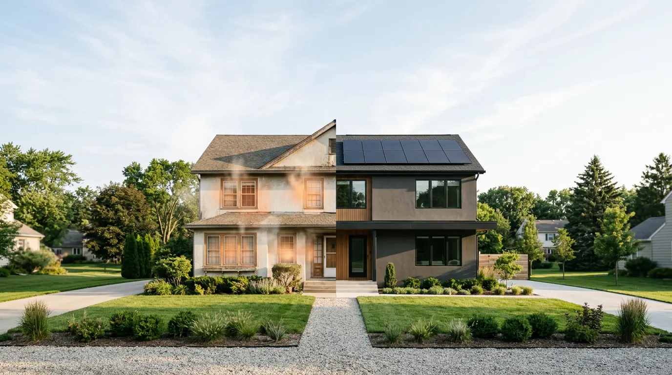 Maison moderne avec amélioration énergétique visible de classe D à B