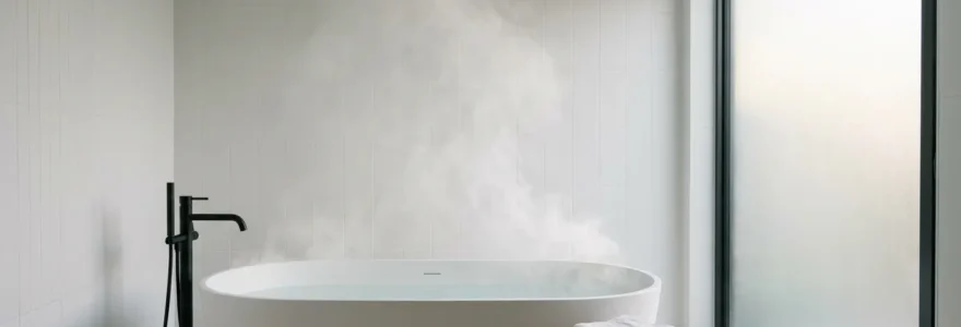Salle de bain moderne avec système de ventilation discret et atmosphère sereine