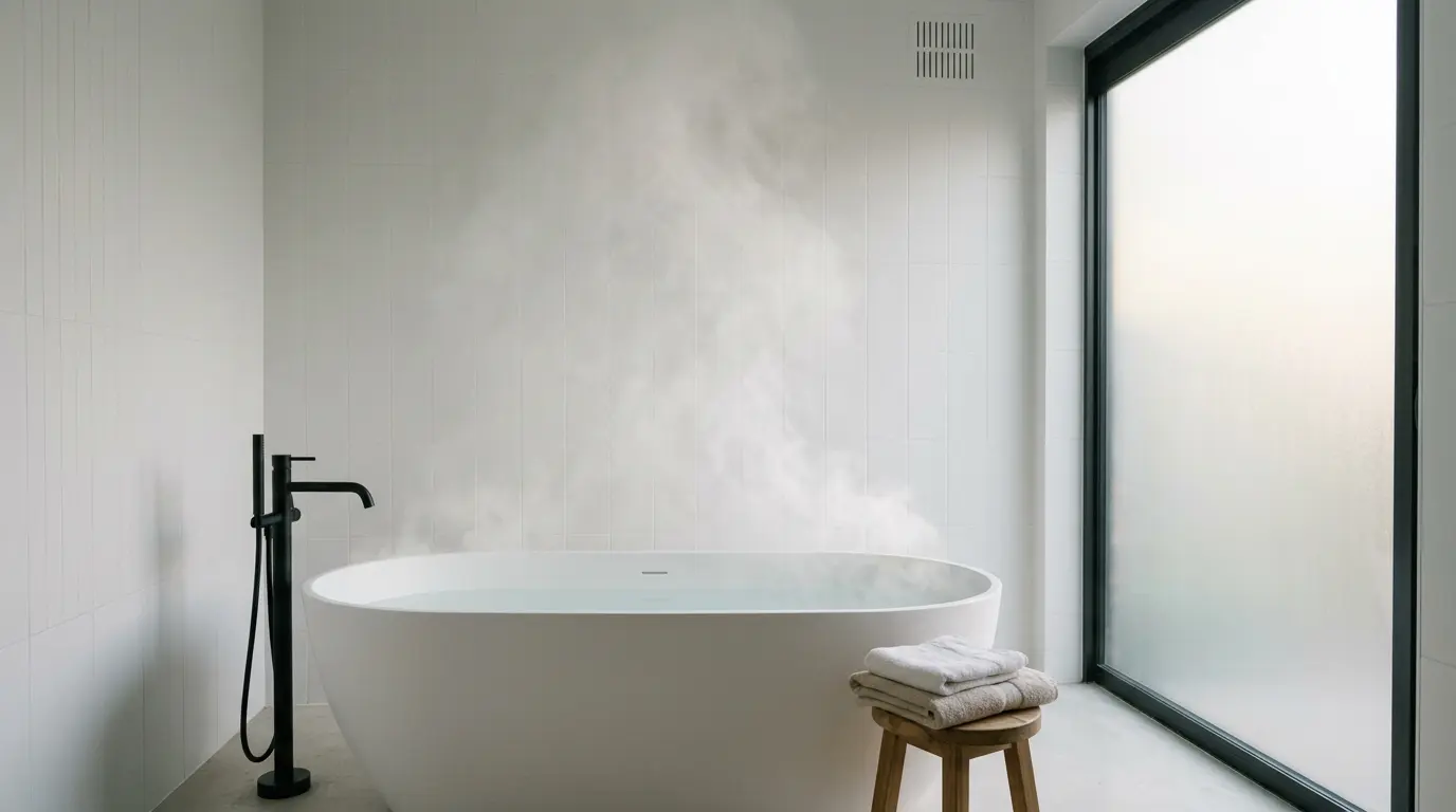 Salle de bain moderne avec système de ventilation discret et atmosphère sereine