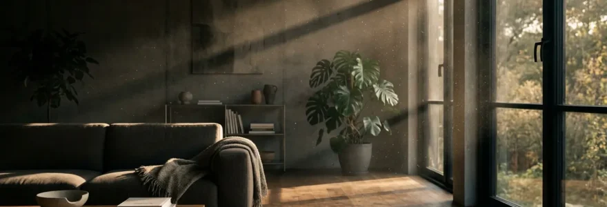 Salon moderne avec particules invisibles flottant dans l'air, lumière naturelle révélant la poussière en suspension