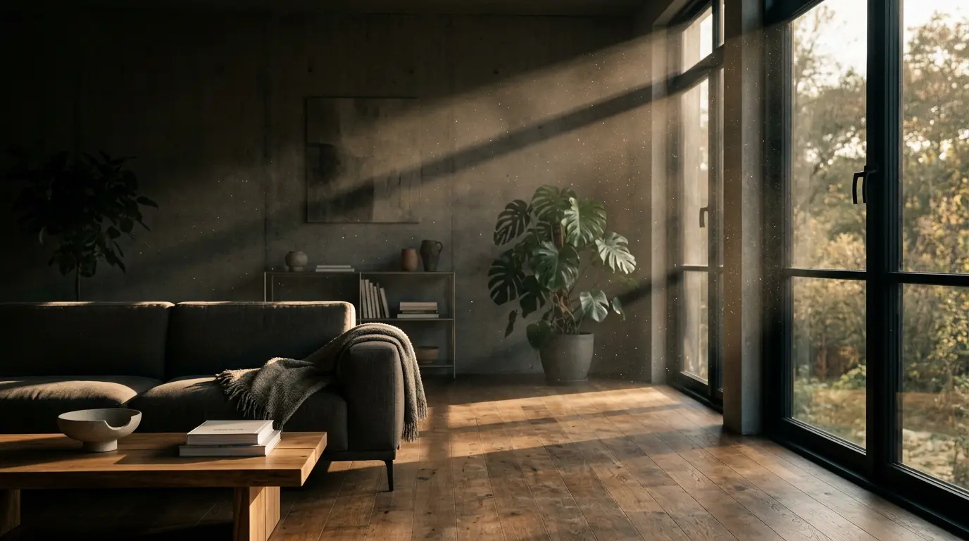Salon moderne avec particules invisibles flottant dans l'air, lumière naturelle révélant la poussière en suspension