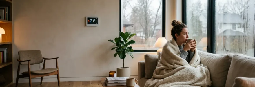 Vue d'un salon moderne avec thermomètre indiquant 21°C, personne portant un pull épais sur le canapé