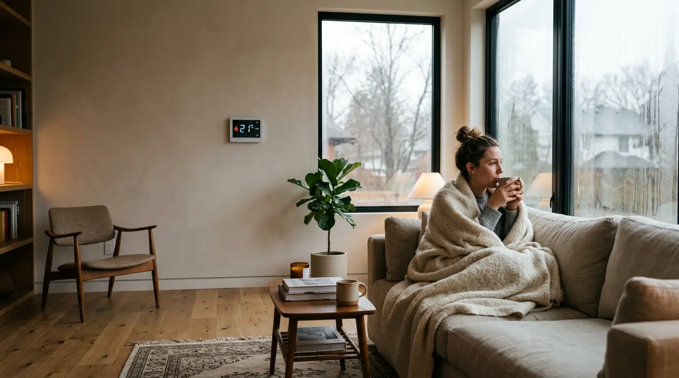 Vue d'un salon moderne avec thermomètre indiquant 21°C, personne portant un pull épais sur le canapé