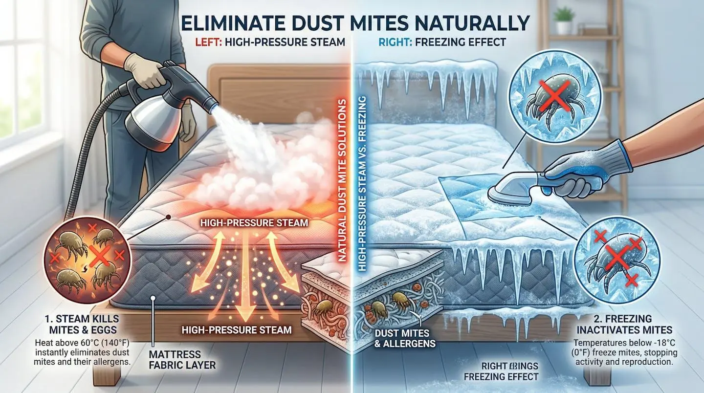 Matelas avec vapeur haute pression et effet de congélation illustrant les techniques naturelles anti-acariens