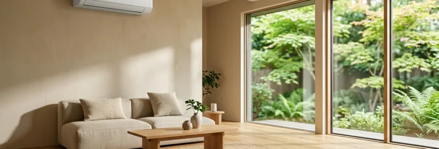 Technologie moderne de climatisation réversible installée dans un intérieur contemporain respectant les normes RE2020