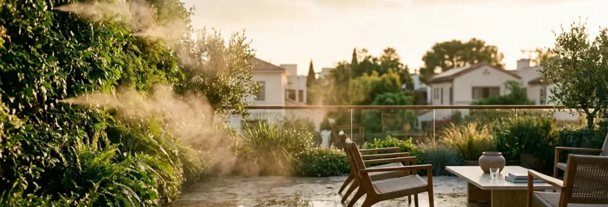 Terrasse végétalisée avec système de brumisation créant une atmosphère rafraîchissante