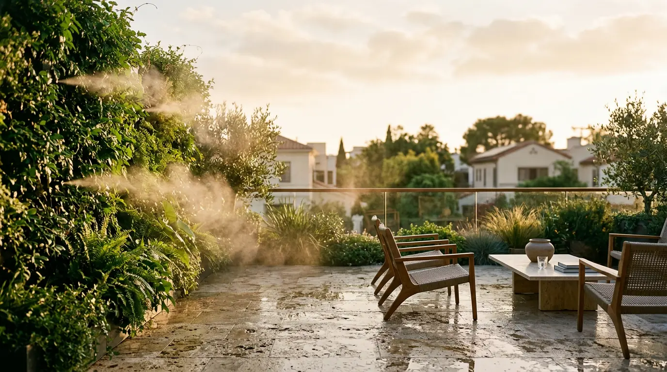 Terrasse végétalisée avec système de brumisation créant une atmosphère rafraîchissante