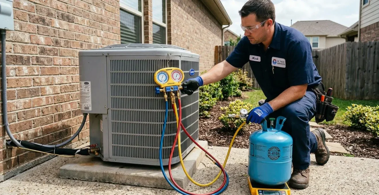 Technicien ajoutant du réfrigérant dans un système de climatisation avec manomètre