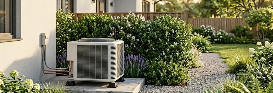 Unité extérieure de climatisation installée sur dalle béton dans un jardin, entourée de végétation pour réduire le bruit
