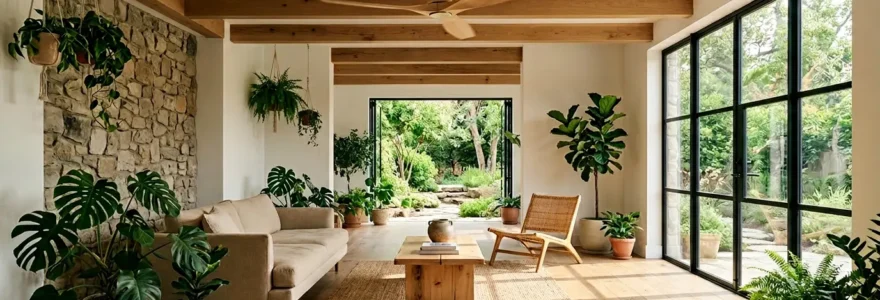 Intérieur lumineux avec ventilateur de plafond en bois et plantes vertes créant une atmosphère naturelle et fraîche