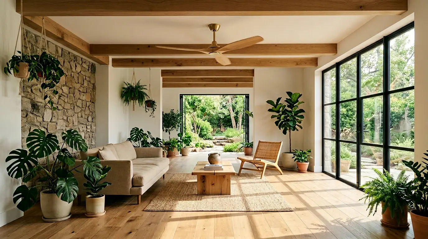 Intérieur lumineux avec ventilateur de plafond en bois et plantes vertes créant une atmosphère naturelle et fraîche