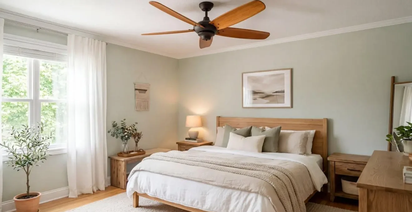 Chambre à coucher apaisante avec ventilateur de plafond aux pales en bois naturel