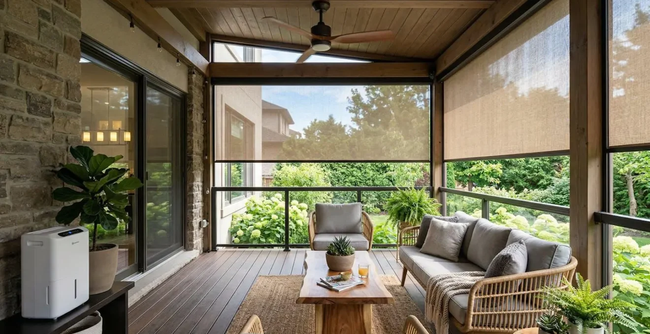 Véranda moderne avec stores extérieurs, ventilateur de plafond et déshumidificateur discret créant un espace confortable