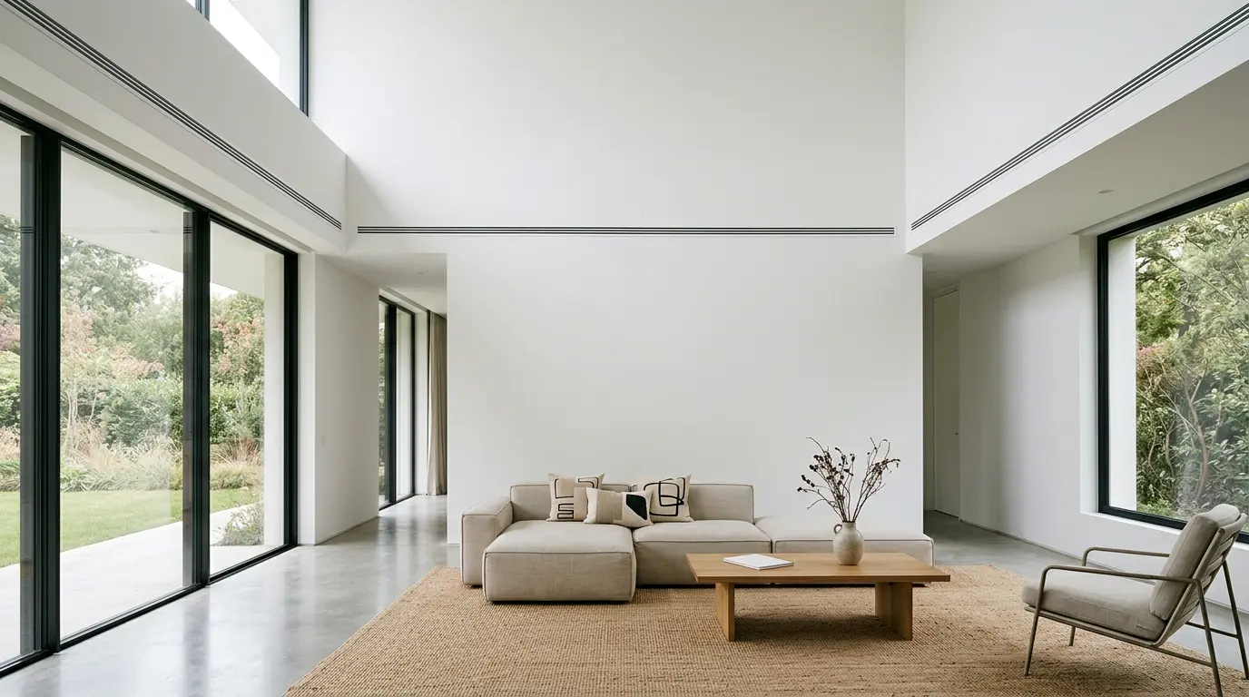 Villa moderne avec système de climatisation invisible intégré dans un faux plafond design