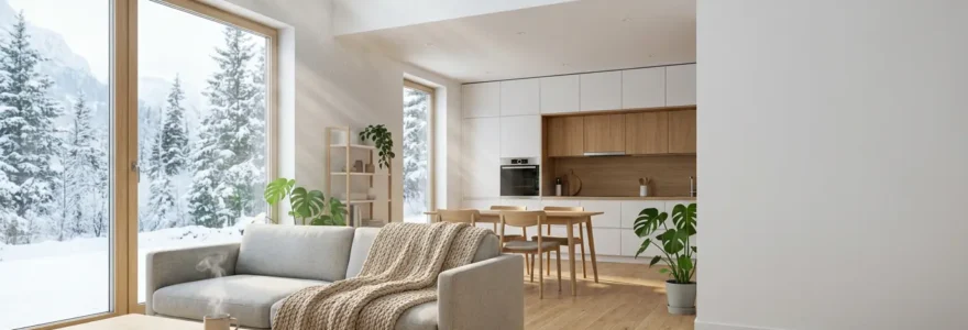 Intérieur de maison moderne avec système de ventilation double flux visible et flux d'air représentés