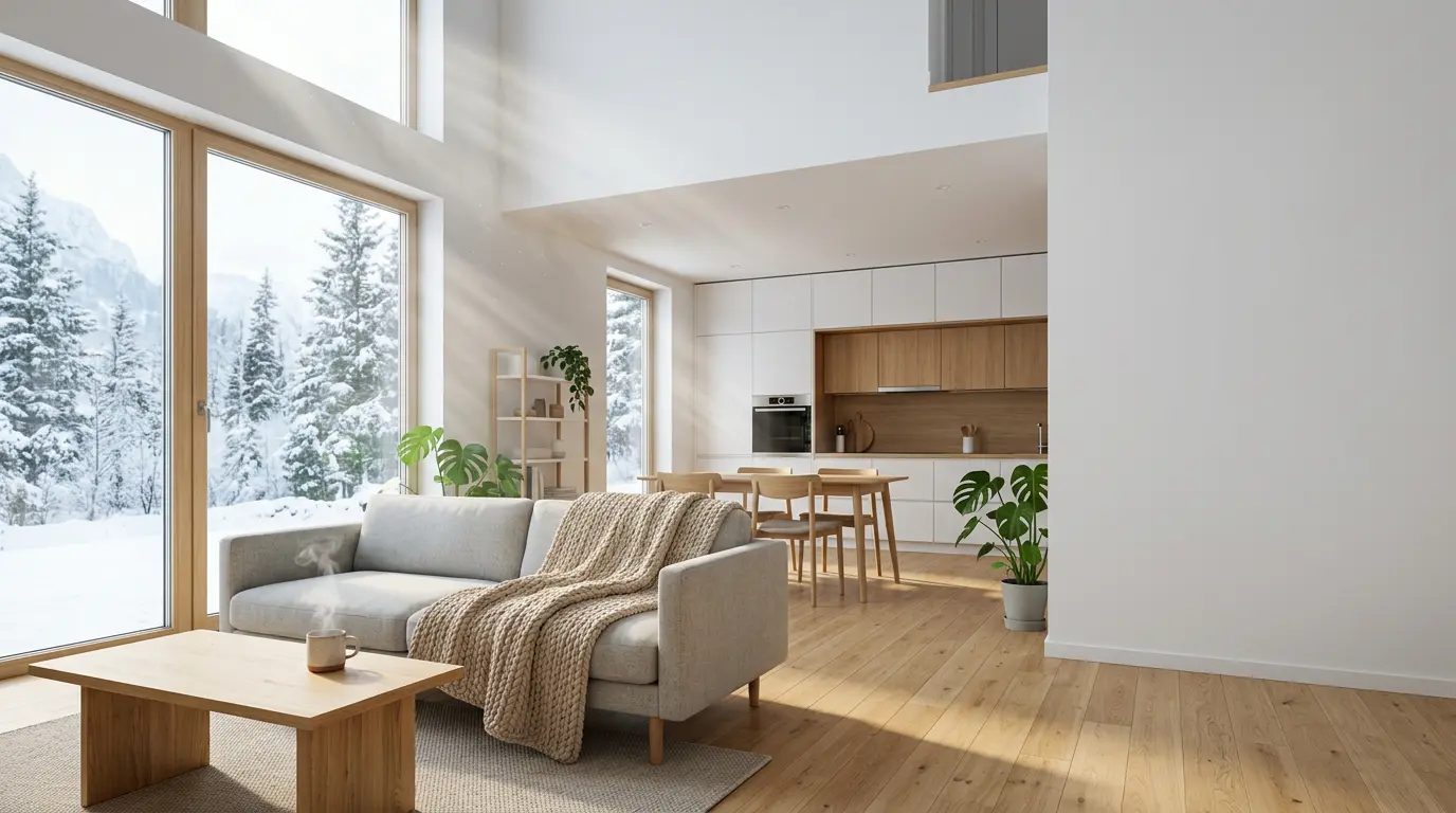 Intérieur de maison moderne avec système de ventilation double flux visible et flux d'air représentés