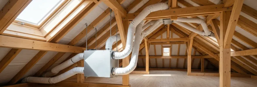 Système de ventilation mécanique contrôlée dans un logement moderne avec caisson extracteur et bouches d'aération