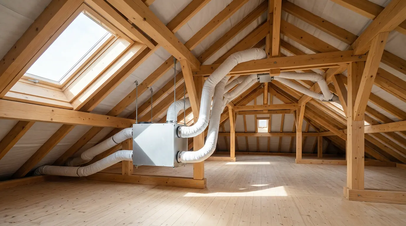 Système de ventilation mécanique contrôlée dans un logement moderne avec caisson extracteur et bouches d'aération